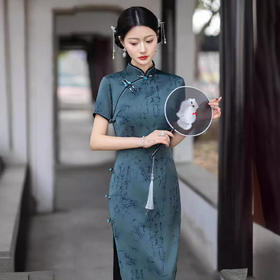 竹叶仿醋酸气质高端高级感复古新式老上海旗袍