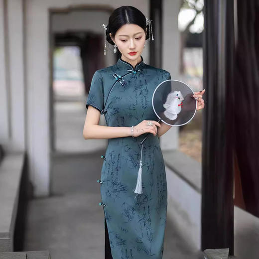 竹叶仿醋酸气质高端高级感复古新式老上海旗袍 商品图0