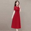 QYM-4345简约修身红色洋气连衣裙夏款V领短袖通勤时尚显瘦A字裙 商品缩略图1