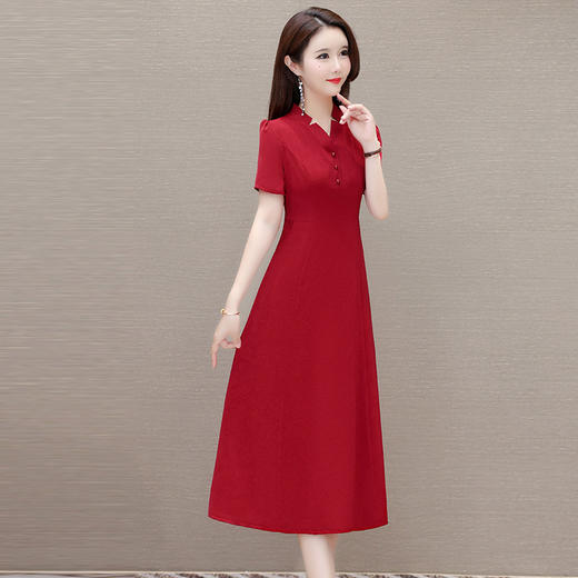 QYM-4345简约修身红色洋气连衣裙夏款V领短袖通勤时尚显瘦A字裙 商品图1