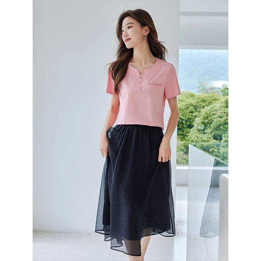 【专属特价】熙世界长绒棉粉色上衣夏天2025新款简约纯色百搭休闲短袖T恤衫 商品图3