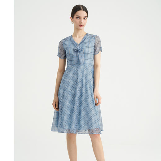 司歌v领格子短袖显瘦连衣裙弹力气质A891096X 商品图4