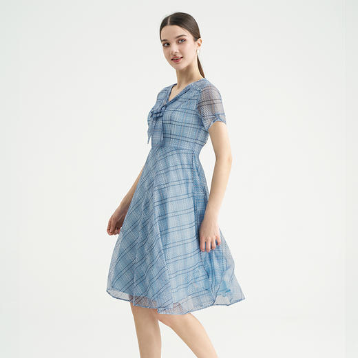 司歌v领格子短袖显瘦连衣裙弹力气质A891096X 商品图2