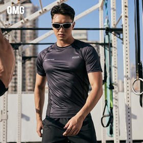 OMG运动 健身服男夏季紧身短袖高弹力光泽网眼拼接透气轻薄款训练J-FMJSY2643