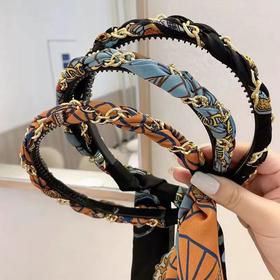 复古链条发箍宫廷缎面布艺头箍压发卡一体式飘带编发发带扎头绳