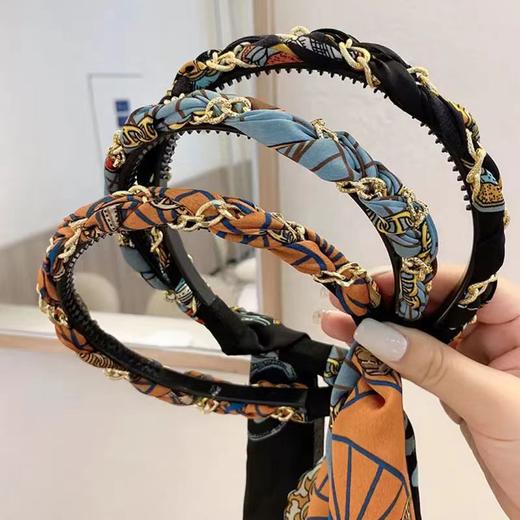 复古链条发箍宫廷缎面布艺头箍压发卡一体式飘带编发发带扎头绳 商品图0