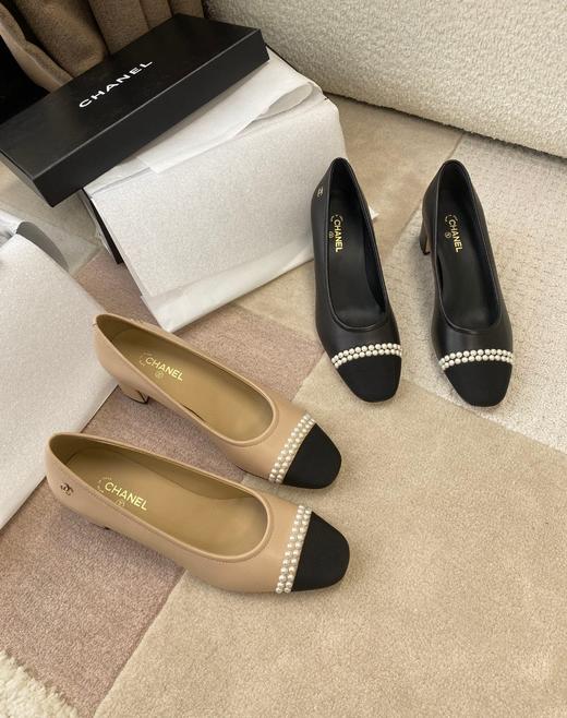 【牛货】小香经典拼接珍珠高跟鞋进口羊皮拼接丝绸方头浅口办公室通勤单鞋女 商品图0