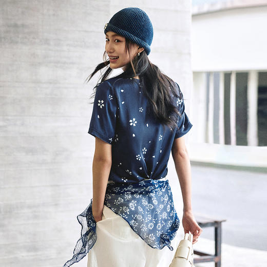 【林栖设计小店】桑蚕丝混纺T恤传统印花复古气质2024春夏新品短袖上衣女1942111 商品图2