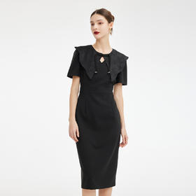 PF857斯尔丽2024新款轻国风设计感异形提花流苏可脱卸领搭配收腰连衣裙