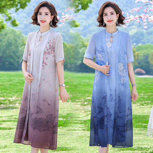TZF-夏季中年女装假两件连衣裙新中式夏装气质遮肚子裙子 商品图1