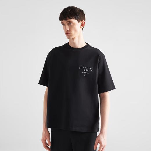 PRADA 普拉达 男士字母三角形徽标印花棉质圆领短袖T恤 黑色 UJN896 14K7 F0002 商品图1