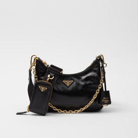 PRADA 普拉达 女士 Re-Edition 2002 珐琅金属三角形徽标皮革子母单肩包 黑色 1BH204 2CYR F0002 SOO