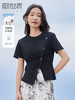 【专属特价】熙世界不对称开叉纯棉短袖T恤夏季圆领显瘦黑色设计感纽扣上衣 商品缩略图0