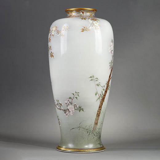 独角鹿西洋古董1890年代日本明治时期出品今尾景年风格「春樱鵓鴿図」主题錦光山造款萨摩烧花瓶 商品图2