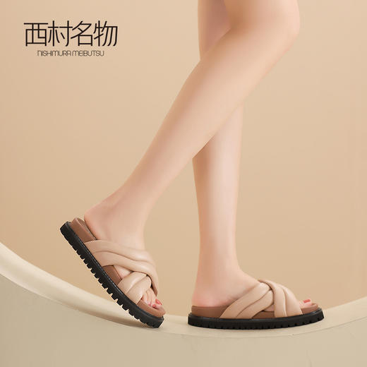 西村名物2024夏季新品透气休闲凉拖女外穿时尚柔软真皮纯色平底X24BJ20121 商品图2