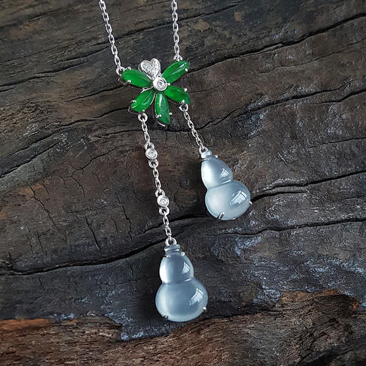 【天然正品】AU750收藏级白金镶钻镶高冰种双葫芦造型翡翠（福禄双全）吊坠项链260424XY26 商品图4