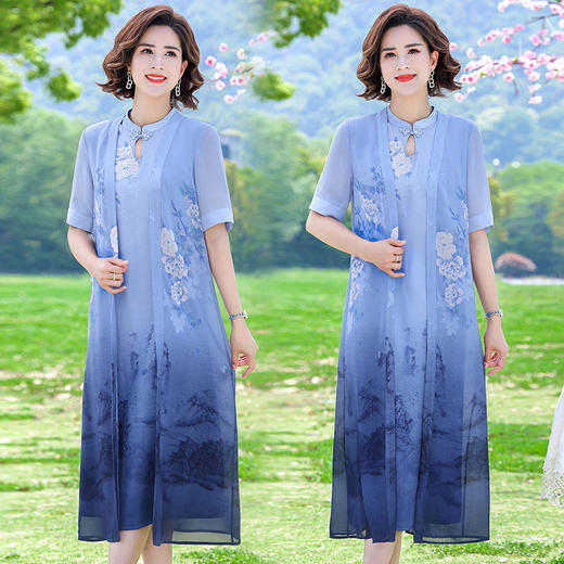 TZF-夏季中年女装假两件连衣裙新中式夏装气质遮肚子裙子 商品图3