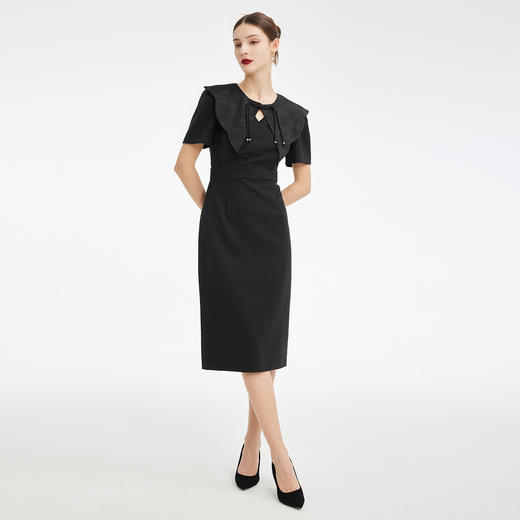 PF857斯尔丽2024新款轻国风设计感异形提花流苏可脱卸领搭配收腰连衣裙 商品图3