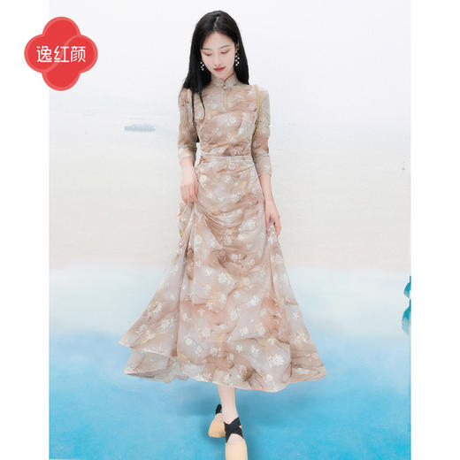 上海逸红颜晚漾2025年春夏新款网布植绒印花水滴领抽褶改良旗袍裙 商品图2