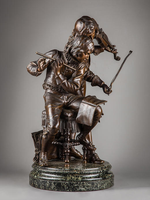 【已售】独角鹿西洋古董19世纪晚期法国雕塑家Adrien Étienne Gaudez设计出品「乐童」主题大理石底座双人青铜雕 商品图1