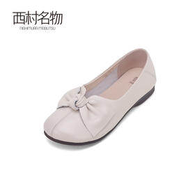 西村名物2024夏季新款真皮平底单鞋女牛皮圆头蝴蝶结妈妈鞋X24AE13971