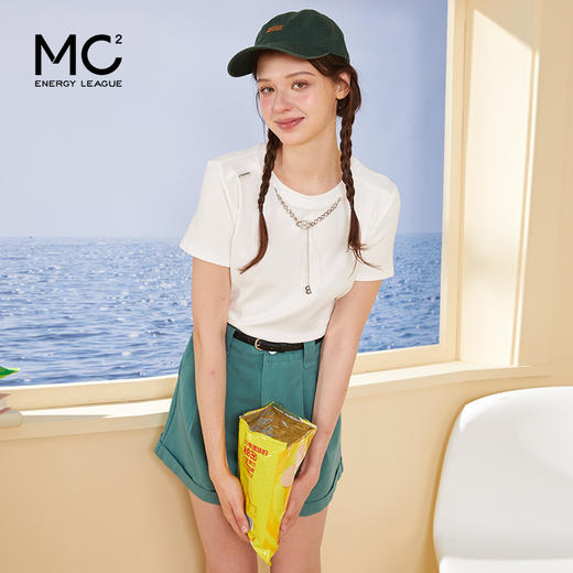 mc2白色圆领短袖T恤女装2024夏季新款净色小短款上衣配吊坠 商品图2