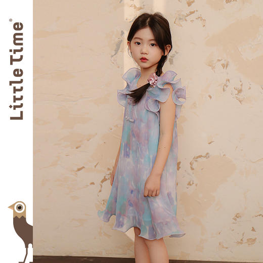 littletime女童裙子超仙2024夏季新款褶皱水母印花度假风连衣裙 商品图1