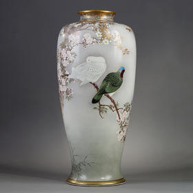 独角鹿西洋古董1890年代日本明治时期出品今尾景年风格「春樱鵓鴿図」主题錦光山造款萨摩烧花瓶