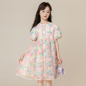 女童夏季裙子2024新款花瓣亮片泡泡袖中大童童装女童连衣裙网纱裙