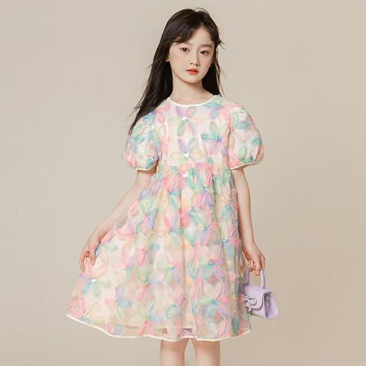 女童夏季裙子2024新款花瓣亮片泡泡袖中大童童装女童连衣裙网纱裙 商品图0