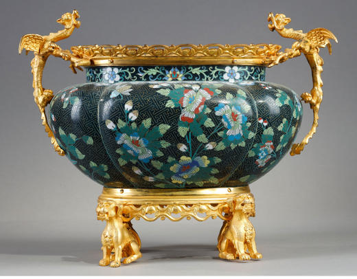 独角鹿西洋古董1880年代法国出品铜鎏金精雕铜胎掐丝珐琅缠枝莲纹花卉主题瓜棱型花盆 商品图0