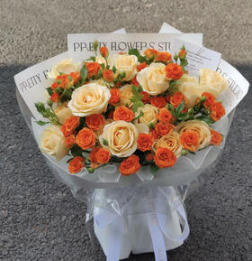 【锦华星辉】19朵蜜桃雪山玫瑰➕橙色蔷薇温暖色系，精品大花束