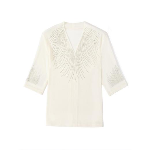 HT-2795实拍 新款气质百搭V领修身显瘦烫钻纯色中袖打底衫 商品图3