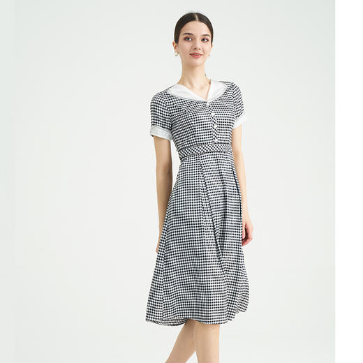 司歌格子复古短袖连衣裙圆领修身A891409X 商品图2