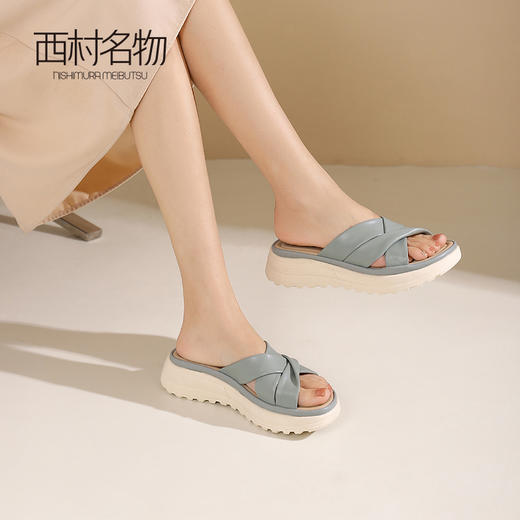 西村名物2024夏季新品真皮交叉绑带厚底拖鞋女凉拖鞋居家防滑外穿X24BJ20131 商品图2