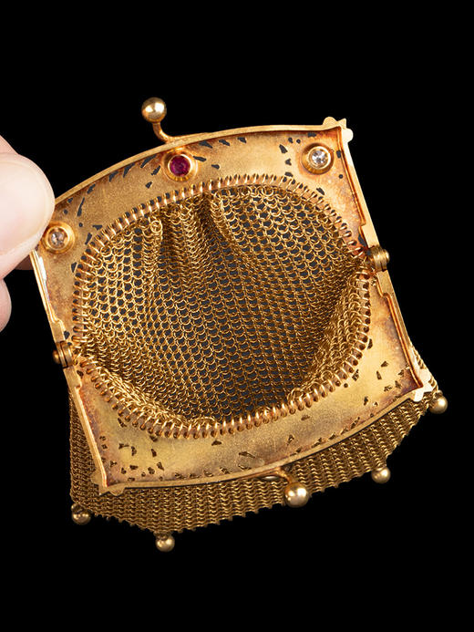独角鹿西洋古董1870年代法国出品18K黄金网状编织镶嵌红宝石钻石古董女士手包 商品图1