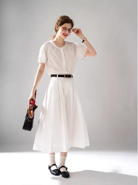 浮生八记/24A054/复古棉基础打褶通勤A字遮肉半裙