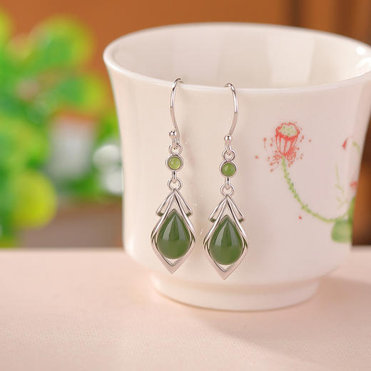 S925纯银镀金和田玉碧玉水滴耳坠CW 商品图2