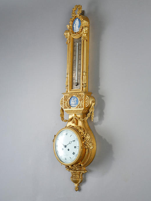 独角鹿西洋古董1880年代法国出品路易十六风格铜鎏金装饰嵌韦奇伍德瓷板晴雨表挂钟 商品图2