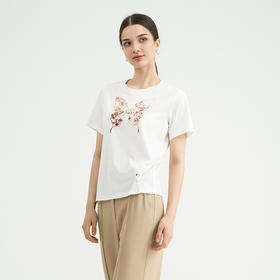 司歌圆领棉短袖T恤印花钉珠宽松休闲上衣F891401Y