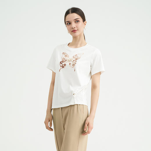 司歌圆领棉短袖T恤印花钉珠宽松休闲上衣F891401Y 商品图0