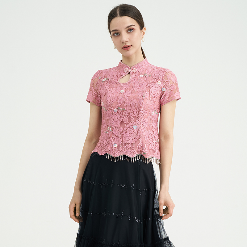 司歌旗袍领短袖蕾丝显瘦上衣刺绣国风T891152X