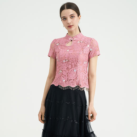 司歌旗袍领短袖蕾丝显瘦上衣刺绣国风T891152X 商品图0