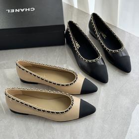 外贸原单小香风羊皮女鞋中跟链条法式复古单鞋通勤气质百搭平底鞋高跟鞋