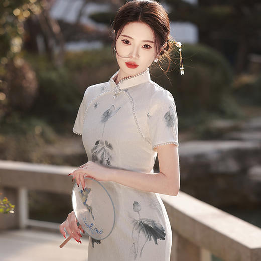 江南水乡手工珠领单层韩国麻复合气质文艺旗袍MLS6887 商品图3