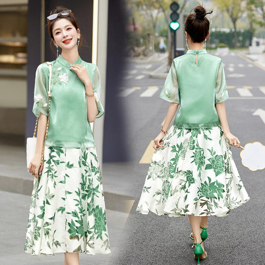 雀说 新中式套装裙女夏季气质显瘦刺绣上衣印花裙两件套4ZF-9655 商品图1