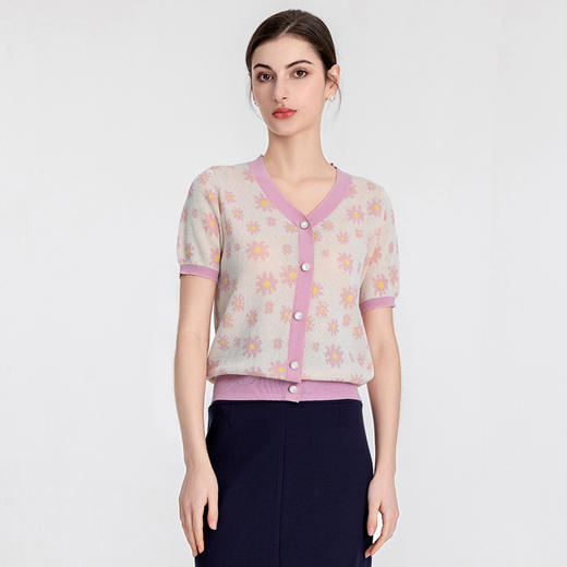 司歌v领针织衫套头短袖上衣毛织G891208Y 商品图0
