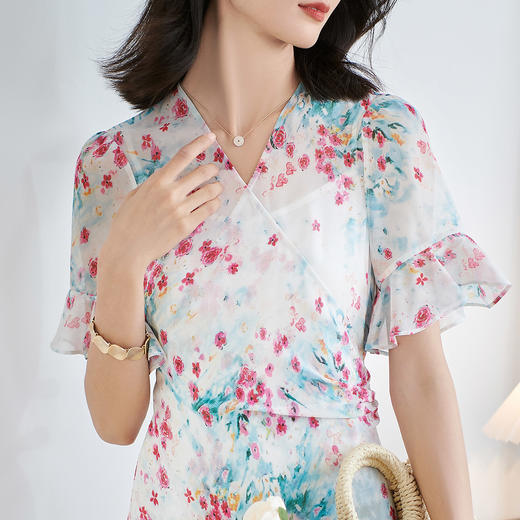 米思阳2025夏季新款优雅气质碎花连衣裙花边袖别致设计感裙子2093 商品图4