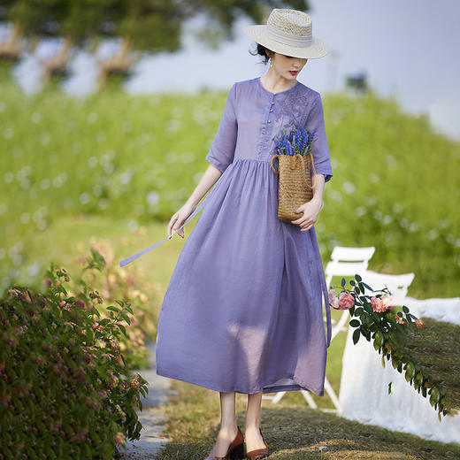 气质圆领重工刺绣，显瘦a字裙苎麻连衣裙TT96210 商品图2