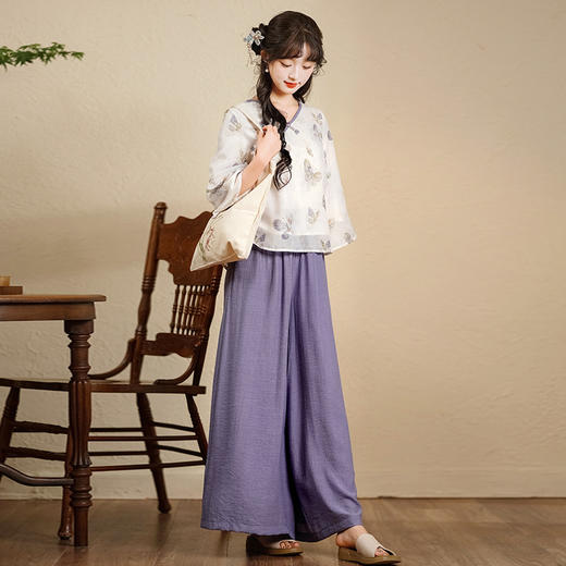 雀说复古汉元素中国风交领盘扣印花七分袖上衣+紫色阔腿裤AL7350 商品图3